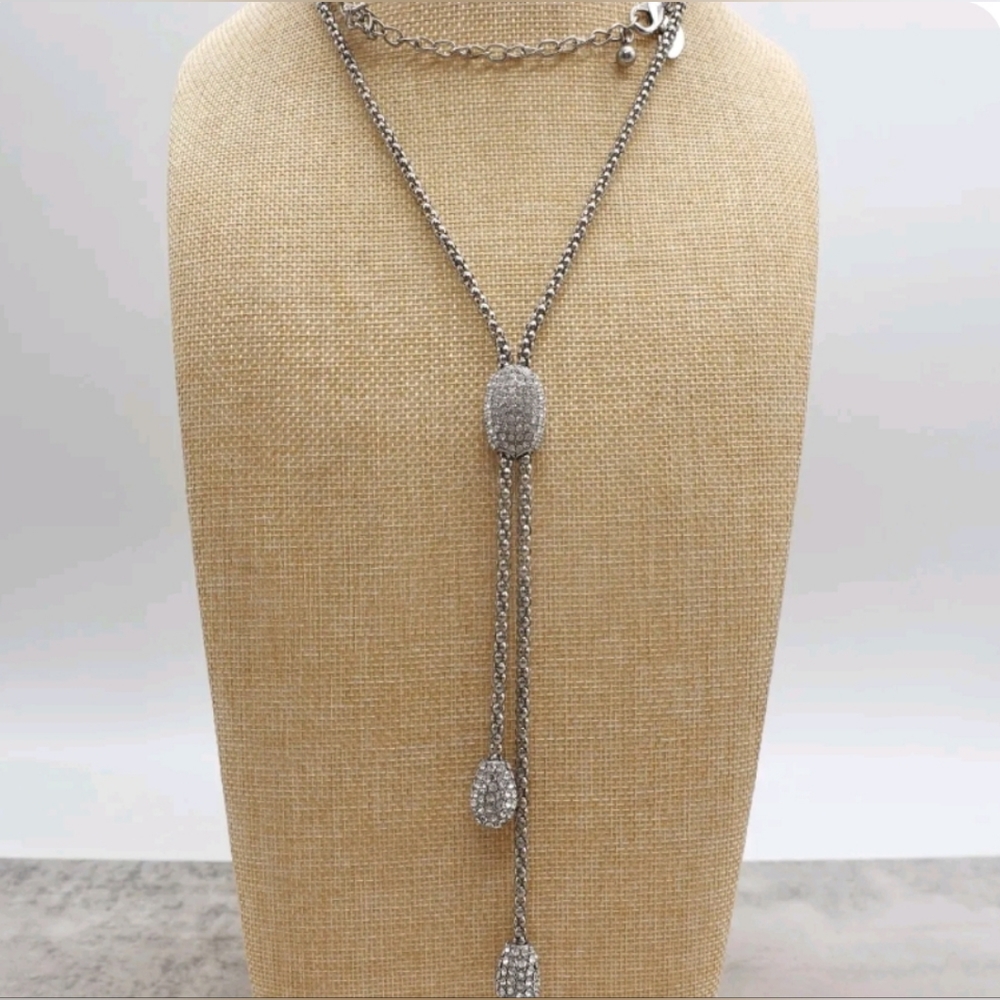 Chicos Necklace Silver Tone Crystal Pendant 30" NWOT